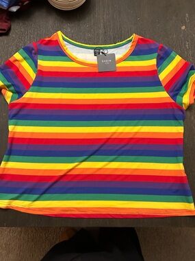 SHEIN Rainbow Stripe Short Sleeve Tee - Red Yellow Green Blue Purple